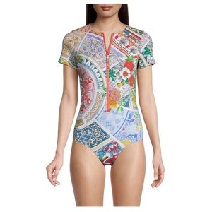 NWT Johnny Was Boho Neoprene Zip One Piece Swimsuit, Size M